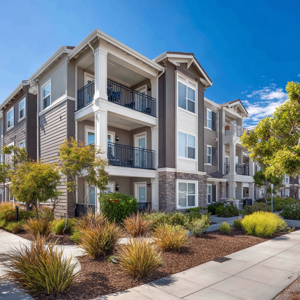 Contemporary apartment complex with balconies, manicured landscaping, and a sunny blue sky