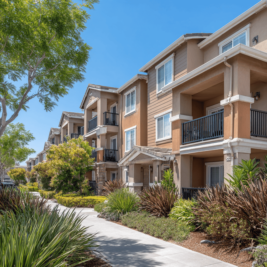 Row of suburban modern apartment buildings with balconies, landscaped pathways, and bright blue sky